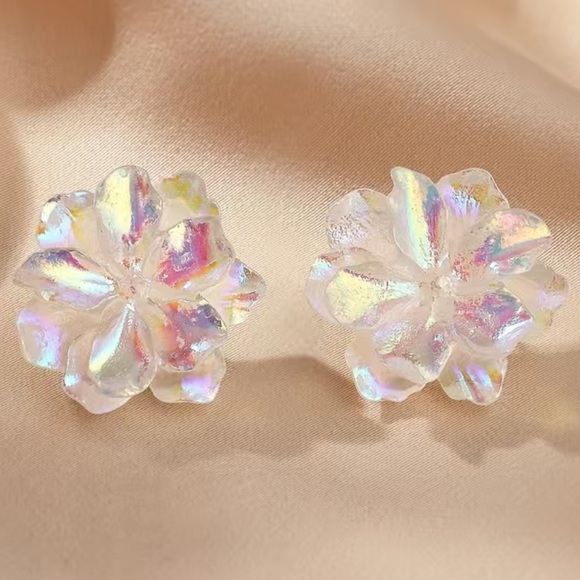 Camellia Iridescent Flower Resin Stud Boho, Holiday Crystal Luxury Earrings - Picture 4 of 10